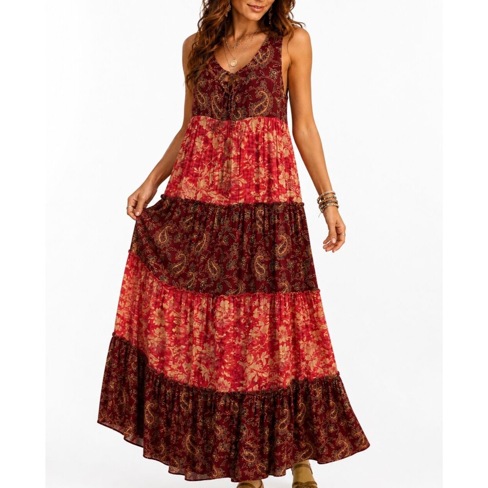 Ralph Lauren Denim&Supply Boho Maxi Dress Size M Red Paisley Floral Patchwork